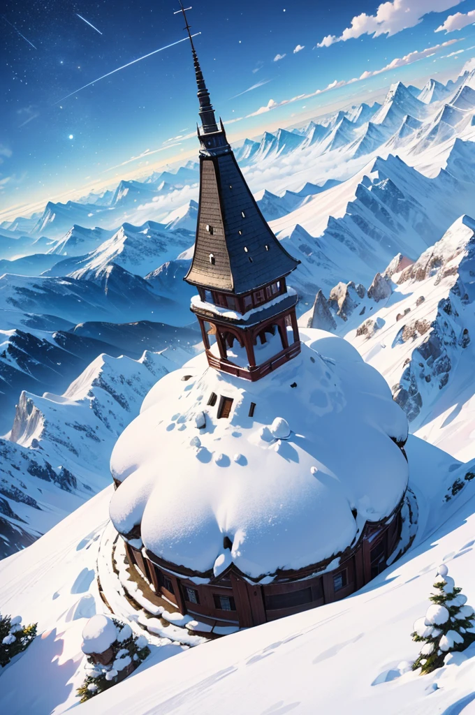 an image of, over the horizon, A city, small town, fairy tale style, anime styling, snow mountains, detailed scenery, sky in high quality, 8k, and high resolution 16k image, highy detailed, best qualityer,
