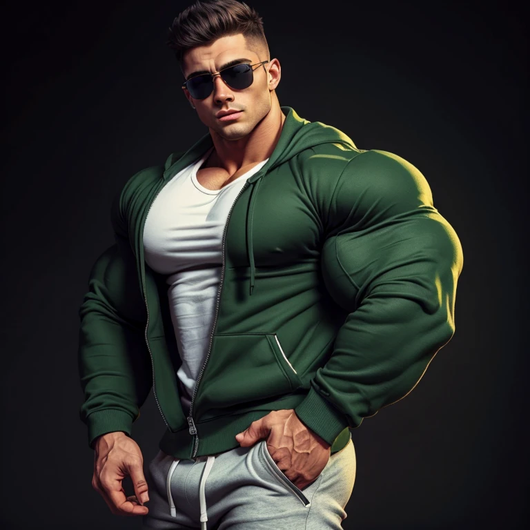 gay, muscle, bodybuilder, a very handsome young man, sunglasses, wearing a green sweatshirt with an open zipper to reveal a white shirt, exaggeratedly muscular, exaggerated muscles, with his hands in his pockets, on a black background, seen from the side in a cinematic angle