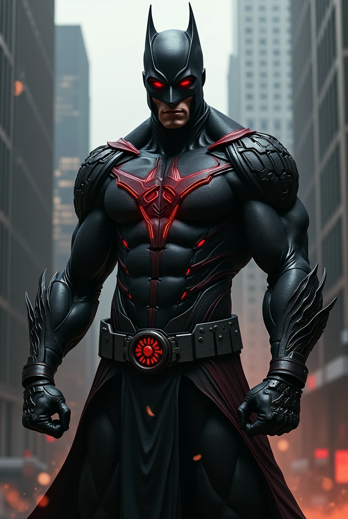 Create a male superhero, with magical bracelets capable of creating firearms, with black and gray details and red eyes, with scary mask
