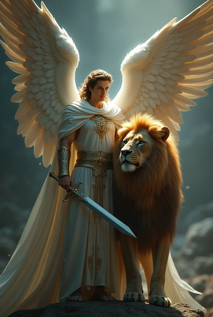 male angel holding sword and lion, 8 k quality, image a little dark