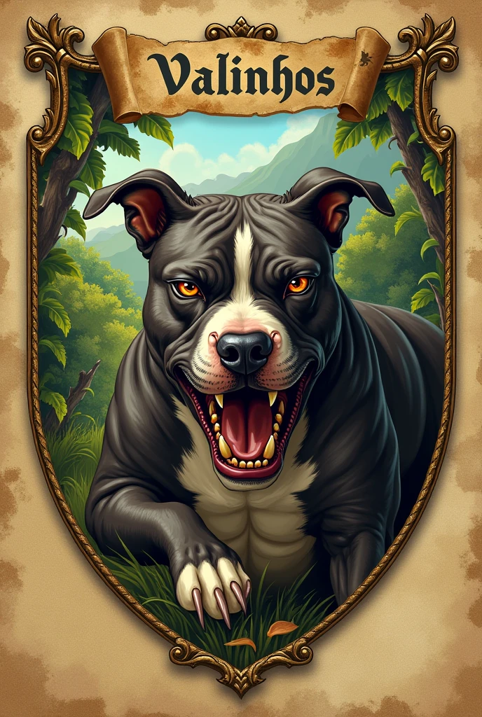 Angry Pitbull Dog , on a green coat of arms, parchment written by Valinhos in a fig plantation