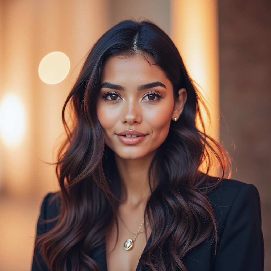 ((masterpiece, 8K, best quality, high resolution:1.3)), (a young Latina woman with deep brown, wavy, long, and flowing hair:1.2), (her eyes are rich brown:1.2), (her face is perfect with delicate features:1.2), (she has thick eyebrows:1.2), (a sun-kissed complexion with subtle, natural makeup:1.2), (she is wearing a trendy, modern outfit:1.2), (on her head is a stylish accessory like a flower crown or a chic hat:1.2), (she is on a beautiful tropical beach at sunset:1.2), (the image captures her from the waist up:1.2), (her body is perfect and slender:1.2), (she is smiling confidently for the photo:1.4), (bokeh effect in the photo:1.2), (vignette effect:1.2), (Canon EOS 5DS R camera, perfect for capturing the detail and beauty of the scene:1.2), (paired with the Canon EF 85mm f/1.4L IS USM lens:1.2), (the scene is bathed in soft, warm sunset light:1.2), (her confident and graceful pose showcasing her natural elegance:1.2), (a moment frozen in time, capturing the essence of modern beauty and serenity:1.3), (ultra photorealistic, highlighting her features and the idyllic beach setting:1.3), (an image that transports viewers to a captivating and romantic moment:1.2), (a scene that exemplifies the beauty of the human form in a timeless setting:1.2), (((sfw))), Cinematic, Hyper-detailed, insane details, Beautifully color graded, Cinematic Lighting, Insanely detailed and intricate, Hyper maximalist, Volumetric, Full color, HDR, shallow depth of field, high-budget Hollywood film, cinemascope, moody, epic, gorgeous))