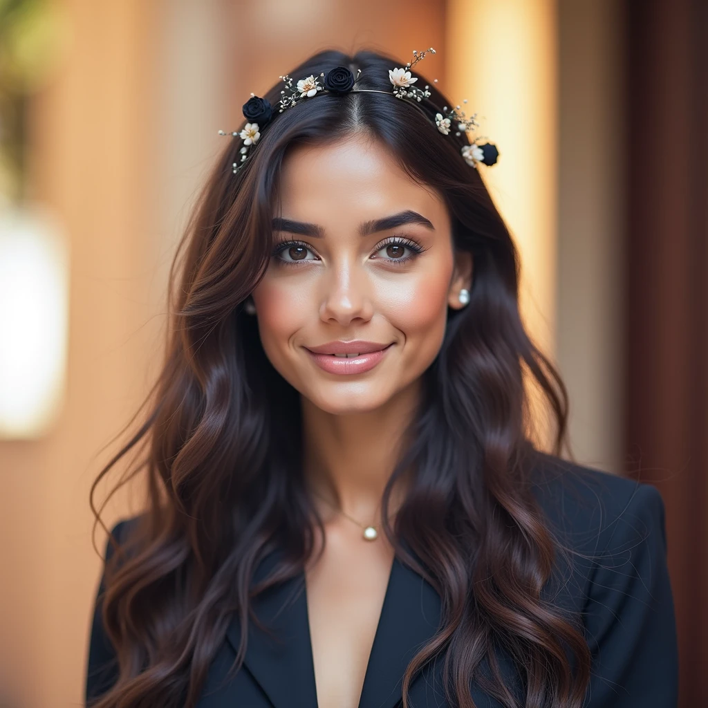 ((masterpiece, 8K, best quality, high resolution:1.3)), (a young Latina woman with deep brown, wavy, long, and flowing hair:1.2), (her eyes are rich brown:1.2), (her face is perfect with delicate features:1.2), (she has thick eyebrows:1.2), (a sun-kissed complexion with subtle, natural makeup:1.2), (she is wearing a trendy, modern outfit:1.2), (on her head is a stylish accessory like a flower crown or a chic hat:1.2), (she is on a beautiful tropical beach at sunset:1.2), (the image captures her from the waist up:1.2), (her body is perfect and slender:1.2), (she is smiling confidently for the photo:1.4), (bokeh effect in the photo:1.2), (vignette effect:1.2), (Canon EOS 5DS R camera, perfect for capturing the detail and beauty of the scene:1.2), (paired with the Canon EF 85mm f/1.4L IS USM lens:1.2), (the scene is bathed in soft, warm sunset light:1.2), (her confident and graceful pose showcasing her natural elegance:1.2), (a moment frozen in time, capturing the essence of modern beauty and serenity:1.3), (ultra photorealistic, highlighting her features and the idyllic beach setting:1.3), (an image that transports viewers to a captivating and romantic moment:1.2), (a scene that exemplifies the beauty of the human form in a timeless setting:1.2), (((sfw))), Cinematic, Hyper-detailed, insane details, Beautifully color graded, Cinematic Lighting, Insanely detailed and intricate, Hyper maximalist, Volumetric, Full color, HDR, shallow depth of field, high-budget Hollywood film, cinemascope, moody, epic, gorgeous))