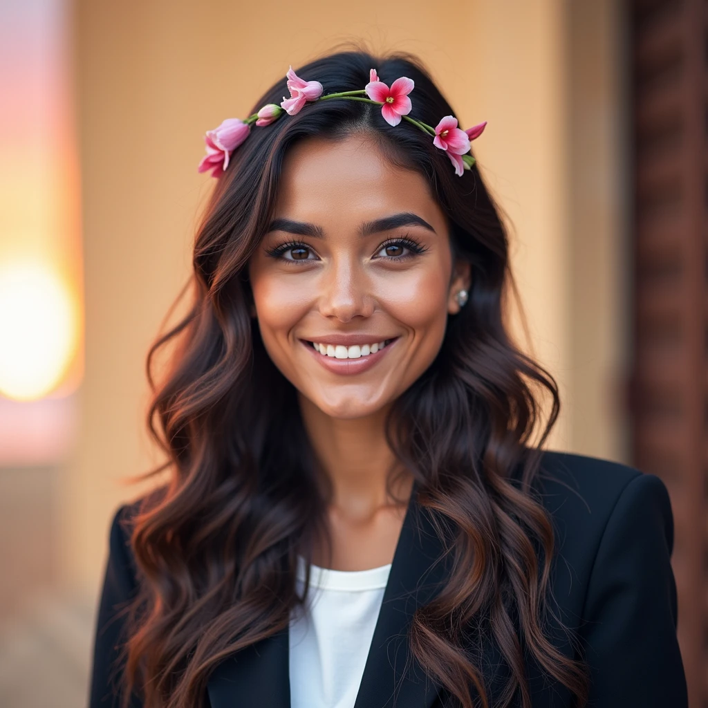 ((masterpiece, 8K, best quality, high resolution:1.3)), (a young Latina woman with deep brown, wavy, long, and flowing hair:1.2), (her eyes are rich brown:1.2), (her face is perfect with delicate features:1.2), (she has thick eyebrows:1.2), (a sun-kissed complexion with subtle, natural makeup:1.2), (she is wearing a trendy, modern outfit:1.2), (on her head is a stylish accessory like a flower crown or a chic hat:1.2), (she is on a beautiful tropical beach at sunset:1.2), (the image captures her from the waist up:1.2), (her body is perfect and slender:1.2), (she is smiling confidently for the photo:1.4), (bokeh effect in the photo:1.2), (vignette effect:1.2), (Canon EOS 5DS R camera, perfect for capturing the detail and beauty of the scene:1.2), (paired with the Canon EF 85mm f/1.4L IS USM lens:1.2), (the scene is bathed in soft, warm sunset light:1.2), (her confident and graceful pose showcasing her natural elegance:1.2), (a moment frozen in time, capturing the essence of modern beauty and serenity:1.3), (ultra photorealistic, highlighting her features and the idyllic beach setting:1.3), (an image that transports viewers to a captivating and romantic moment:1.2), (a scene that exemplifies the beauty of the human form in a timeless setting:1.2), (((sfw))), Cinematic, Hyper-detailed, insane details, Beautifully color graded, Cinematic Lighting, Insanely detailed and intricate, Hyper maximalist, Volumetric, Full color, HDR, shallow depth of field, high-budget Hollywood film, cinemascope, moody, epic, gorgeous))