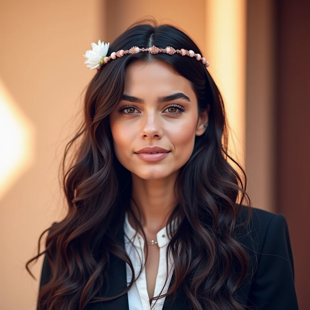 ((masterpiece, 8K, best quality, high resolution:1.3)), (a young Latina woman with deep brown, wavy, long, and flowing hair:1.2), (her eyes are rich brown:1.2), (her face is perfect with delicate features:1.2), (she has thick eyebrows:1.2), (a sun-kissed complexion with subtle, natural makeup:1.2), (she is wearing a trendy, modern outfit:1.2), (on her head is a stylish accessory like a flower crown or a chic hat:1.2), (she is on a beautiful tropical beach at sunset:1.2), (the image captures her from the waist up:1.2), (her body is perfect and slender:1.2), (she is smiling confidently for the photo:1.4), (bokeh effect in the photo:1.2), (vignette effect:1.2), (Canon EOS 5DS R camera, perfect for capturing the detail and beauty of the scene:1.2), (paired with the Canon EF 85mm f/1.4L IS USM lens:1.2), (the scene is bathed in soft, warm sunset light:1.2), (her confident and graceful pose showcasing her natural elegance:1.2), (a moment frozen in time, capturing the essence of modern beauty and serenity:1.3), (ultra photorealistic, highlighting her features and the idyllic beach setting:1.3), (an image that transports viewers to a captivating and romantic moment:1.2), (a scene that exemplifies the beauty of the human form in a timeless setting:1.2), (((sfw))), Cinematic, Hyper-detailed, insane details, Beautifully color graded, Cinematic Lighting, Insanely detailed and intricate, Hyper maximalist, Volumetric, Full color, HDR, shallow depth of field, high-budget Hollywood film, cinemascope, moody, epic, gorgeous))