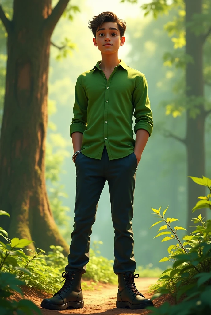 Imagine a young man in a green shirt, wearing dark pants and black shoes.