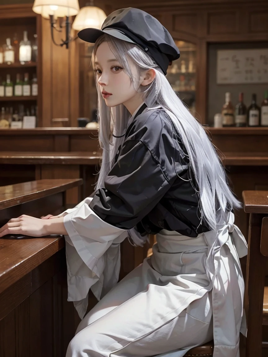 His hat is pulled down so his face is not visible、Elderly、gentleman、End-of-place bar、dark、Sitting at the counter、Slightly longer white hair、View from the side、