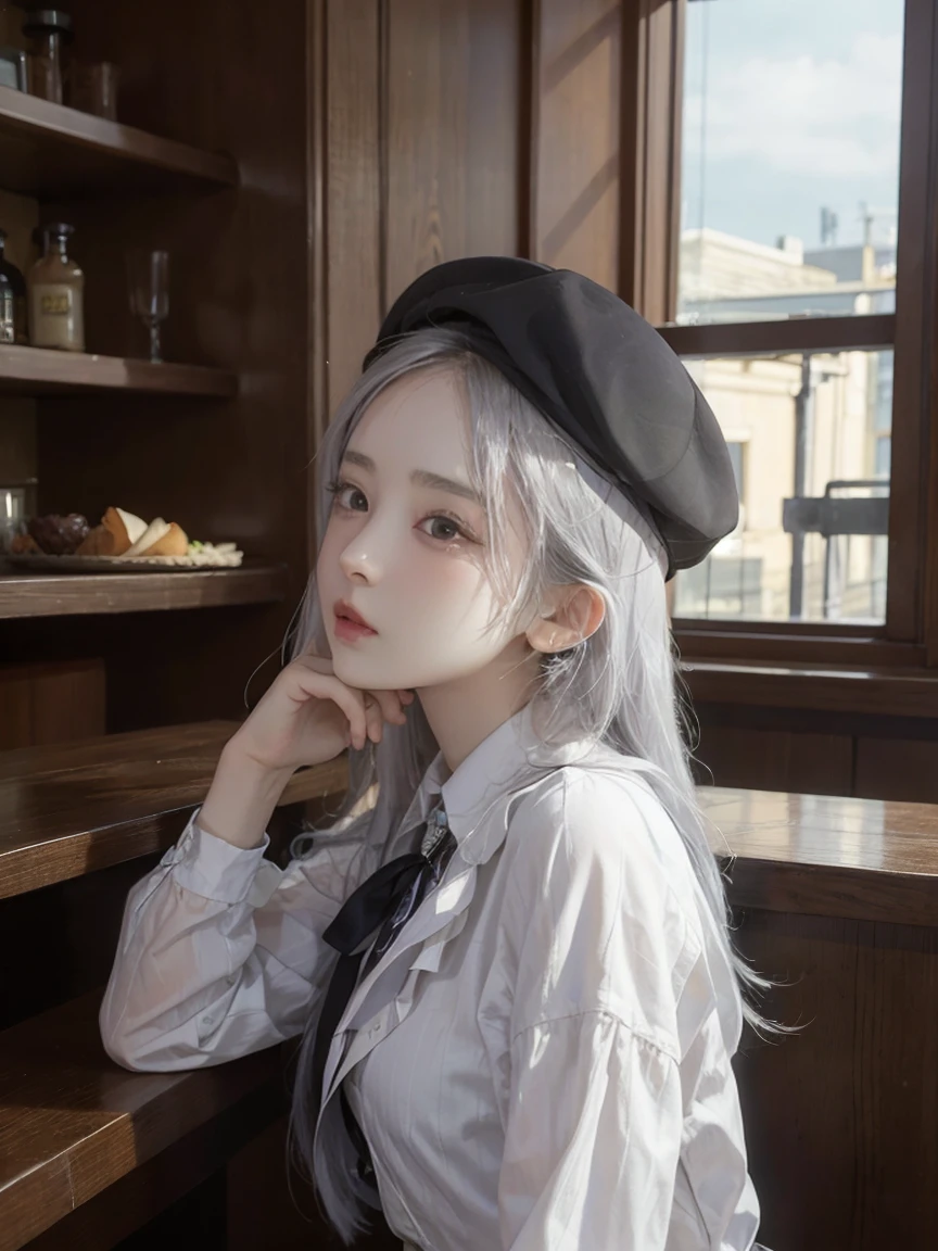 His hat is pulled down so his face is not visible、Elderly、gentleman、End-of-place bar、dark、Sitting at the counter、Slightly longer white hair、View from the side、