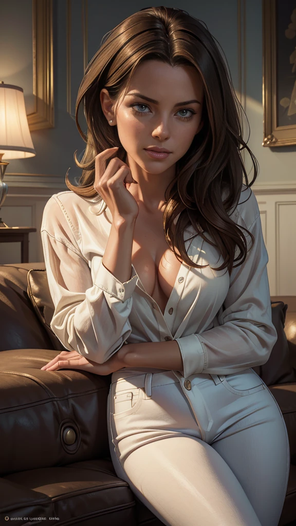 Hyperrealistic close-up photo of Kate Beckinsale, masterpiece, Best Quality, (photorealistic:1.4), Whole body, (white oversize bloomed shirt:1.1), (blue jeans:1.2), heels, Living room, cinematic light, beautiful woman, skinny, small breasts, Smooth brown fur, detailed face, smile, jumping, raw photonatural skin texture, 35mm, 4K textures, soft cinematic light, raw photo, photorealism, photorealistic, Intricate, elegant, Very detailed, sharp focus, ((((cinematic look)))), calming tones, crazy details, Intricate details, hyperdetailed, low contrast, soft cinematic light, muted colors, Exposure Mix, HdR, despondent, intense