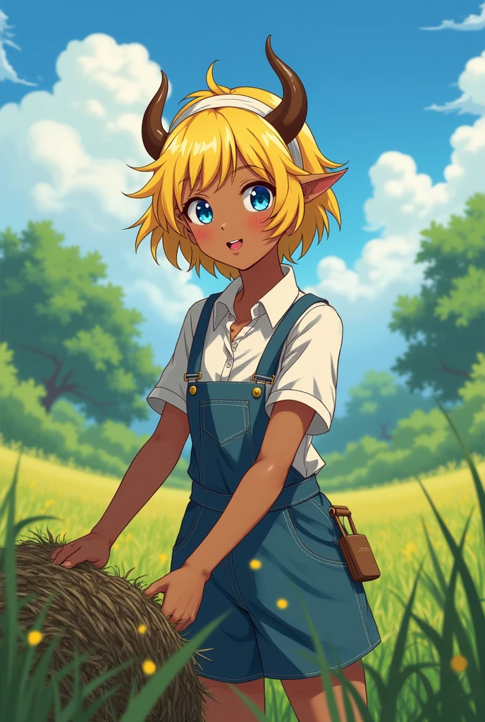 anime style girl, Dark skin, bull horns, short yellow hair, fringe, white headband, blue eyes, farmer clothes, smiling, working in the field, Whole body