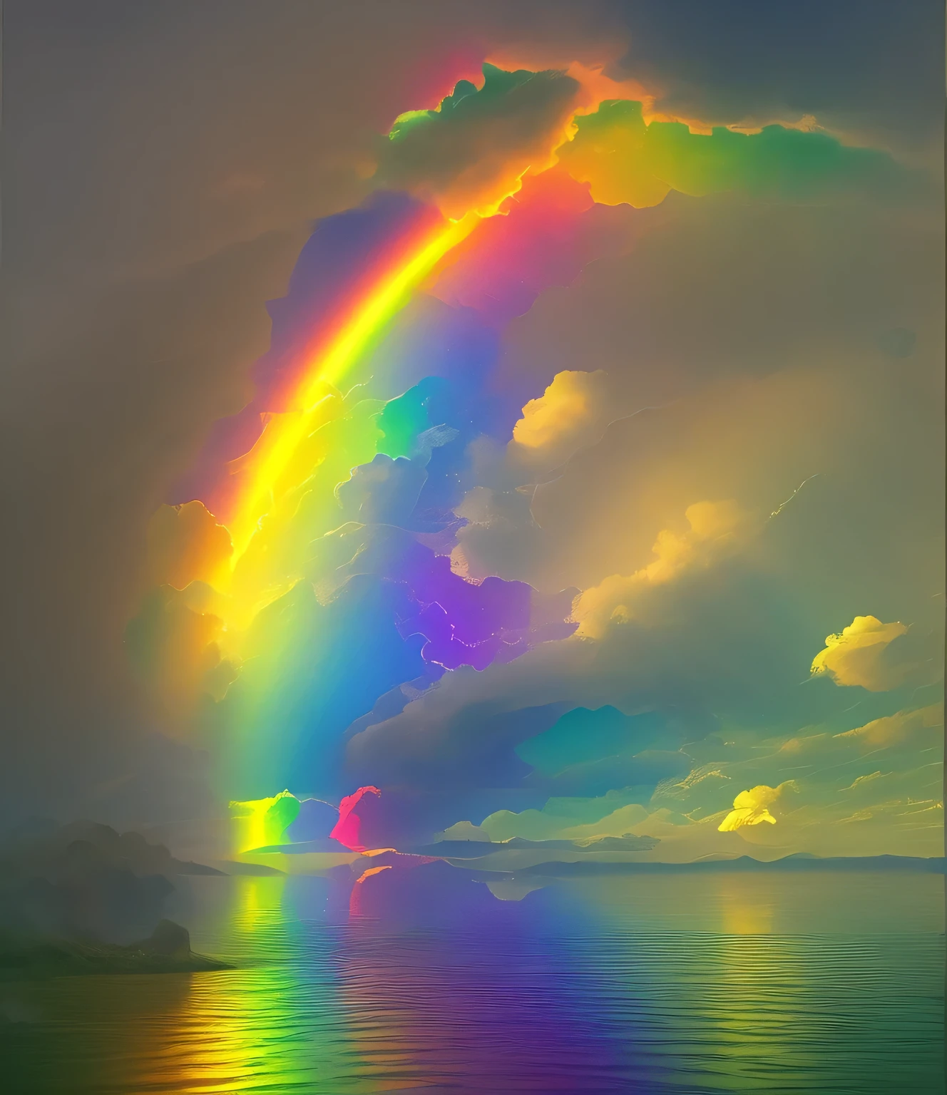 painting of a Rainbow in the sky over a body of water, Fantasy Rainbow, rainbow aurora, inspired by frederic church, Sunny rainbow galaxy stormy ocean, Mysterious rainbow halo, Bright rainbow halo, Rainbow Cloud, rainbow reflections, Inspired by Frederic Edwin Church, rainbow reflection, Rainbow Clouds, Iridescent rain, Rainbow Clouds, Rainbow in the sky