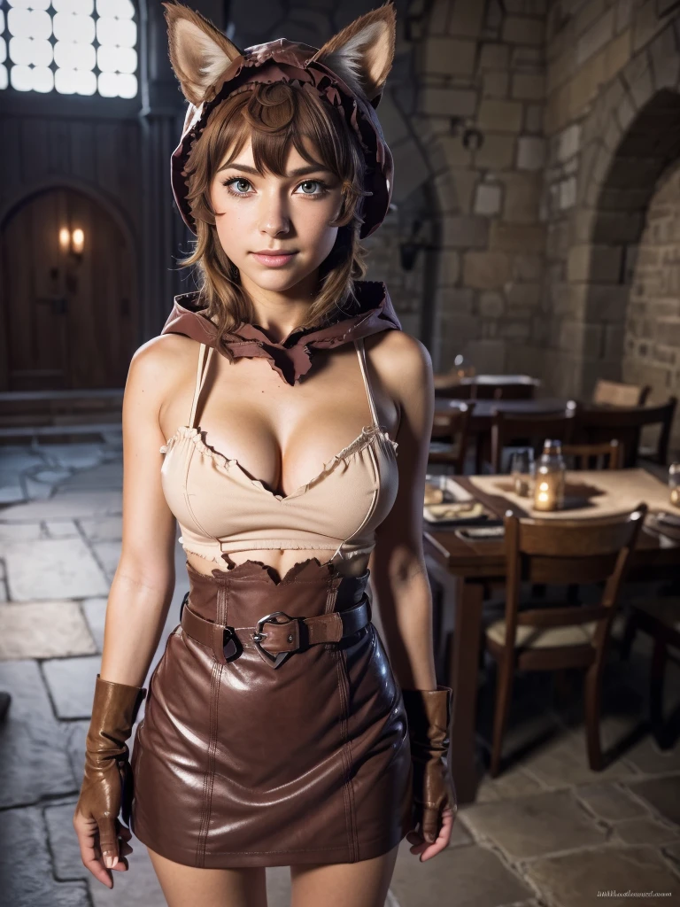 full body, (Liliruca Arde :1.3), a hot girl with no sleeves, red microskirt, belt, torn stockings, cleavage, brown boots, beautiful detailed eyes, animal ears, hood, beautiful detailed lips, gloves, extremely detailed face detailed, long eyelashes, photorealistic, high quality, highly detailed, 8k, masterpiece, realistic, studio lighting, natural lighting, soft lighting, warm colors, pastel colors, vibrant colors, in a dungeon Danmachi