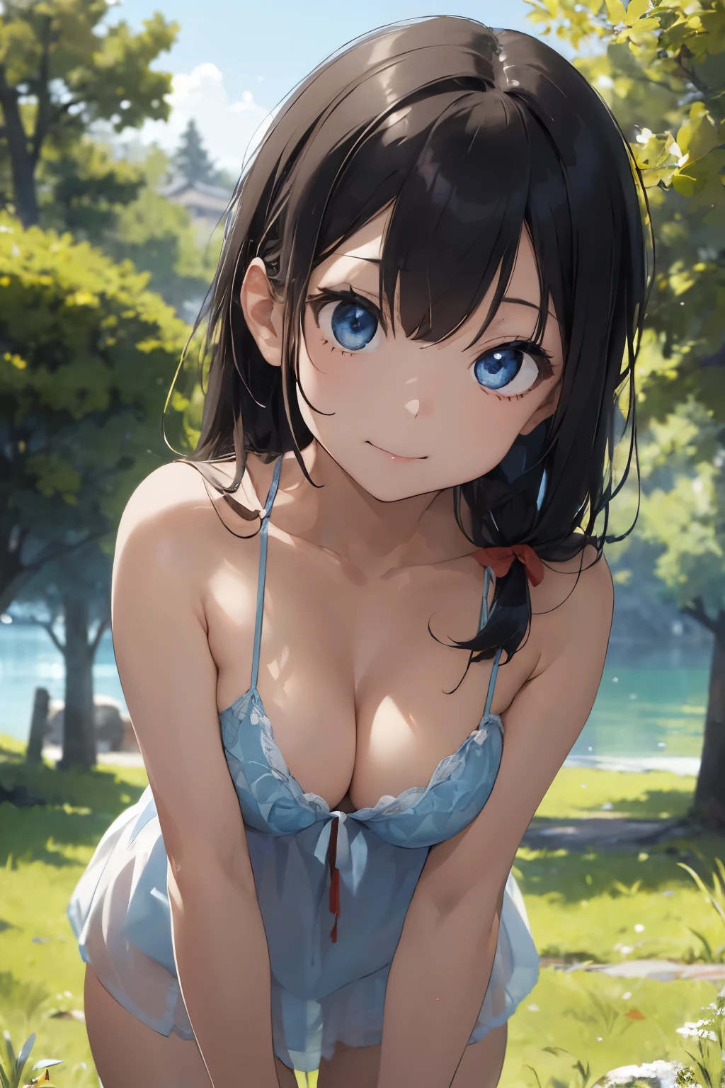 ((Top Quality)), ((Excellent)), (Details),,((Japanese)),, Black Hair,(Childish face),((Straight Hair)), shiny hair, a Girl ,((small Breasts)), ((Blue Eyes)),masterpiece, (half-smile), ultra realistic, 32k, extremely detailed CG unity 8k wallpaper,((Emphasize the cleavage)),((chemise)), ((all fours)), ((extreme_close_up)) ,((Emphasize the cleavage)), ((Nude)), ((topless)) , best quality, Natural Light, Straight Hair, blunt bangs, 1girl, black bow, stunning environment ,vibrant colors ,((extreme_close_up)) ,overhead shot,((crawling position)), ((extreme_close_up)) ,((Emphasize the cleavage)), solo, Straight Hair, blunt bangs, hair ribbon, outdoors, (Grassland), lake, 1girl, white bow , stunning environment ,vibrant colors ,((small Breasts)),((naked)),((chemise)),