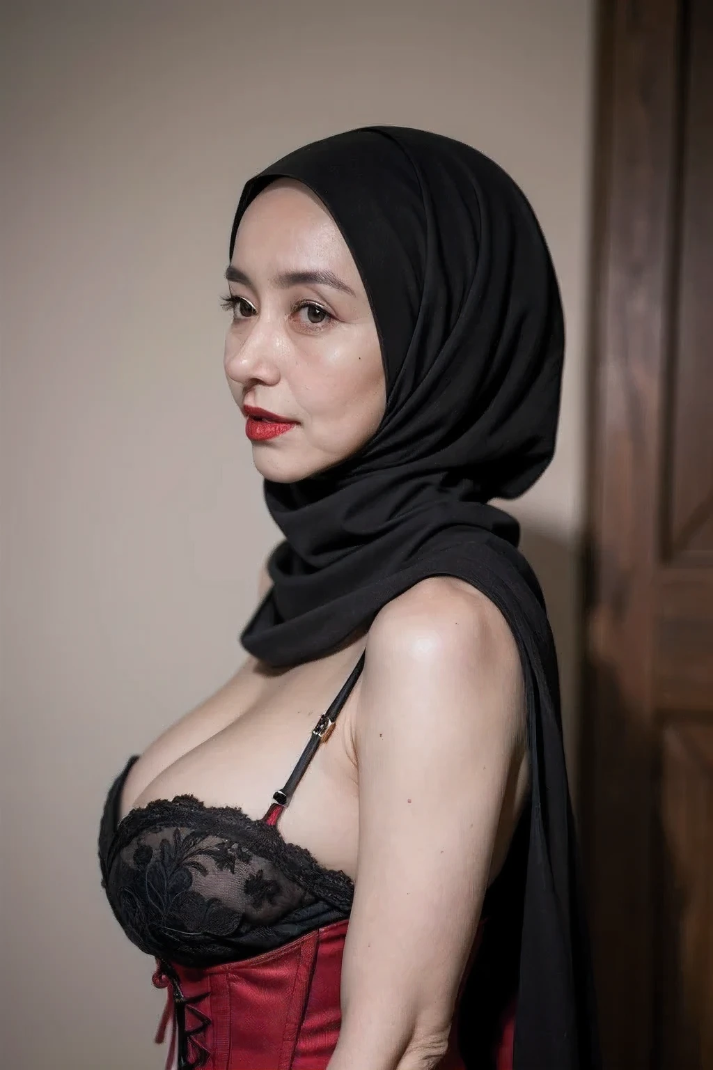 (Corset), ((Red Lips)), Coats Medium body portrait, ((Hijab Stylish)), HALIMAH'S MOTHER IS 85 YEARS OLD HER BODY IS VERY FAT & NUDE AT A DARK NIGHT PLACE, Ultra High Res. realistic: 1.4, UHD, lace , very flat chest, half body portrait , skinny my body, view from side seductive pose , (old lady:1.3), ((bigger:1.7))