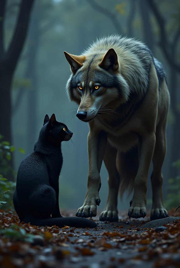 A black cat and a wolf