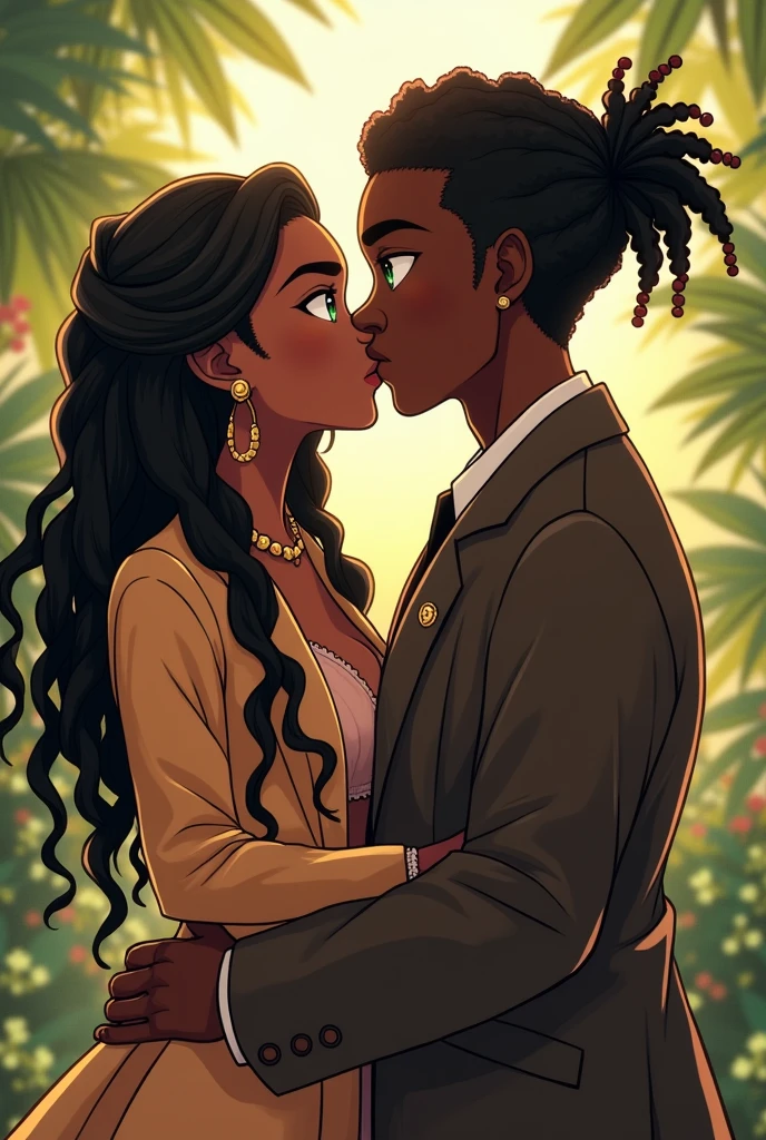 "Produce an anime-style image that celebrates love between black couples. The girl, skin black, skin black skin black, skin black, with black leather and fine African braids,long African braids, long African braids, long African braids, has charming green eyes. Your partner, dark-skinned, skin black, skin black, skin black e cabelos Dreadlocks curtos, shorts dreadlocks, has expressive white eyes. Both wear loose coats with gold details., adding a touch of sophistication. Set in a garden, the scene depicts passionate kisses between them. Convey the intensity of eternal love between these black lovers, highlighting their unique characteristics and the romantic connection they share."