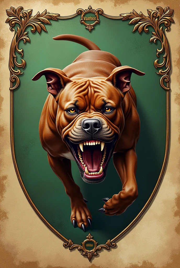 Angry Pitbull Dog , on a green coat of arms, parchment written by Valinhos