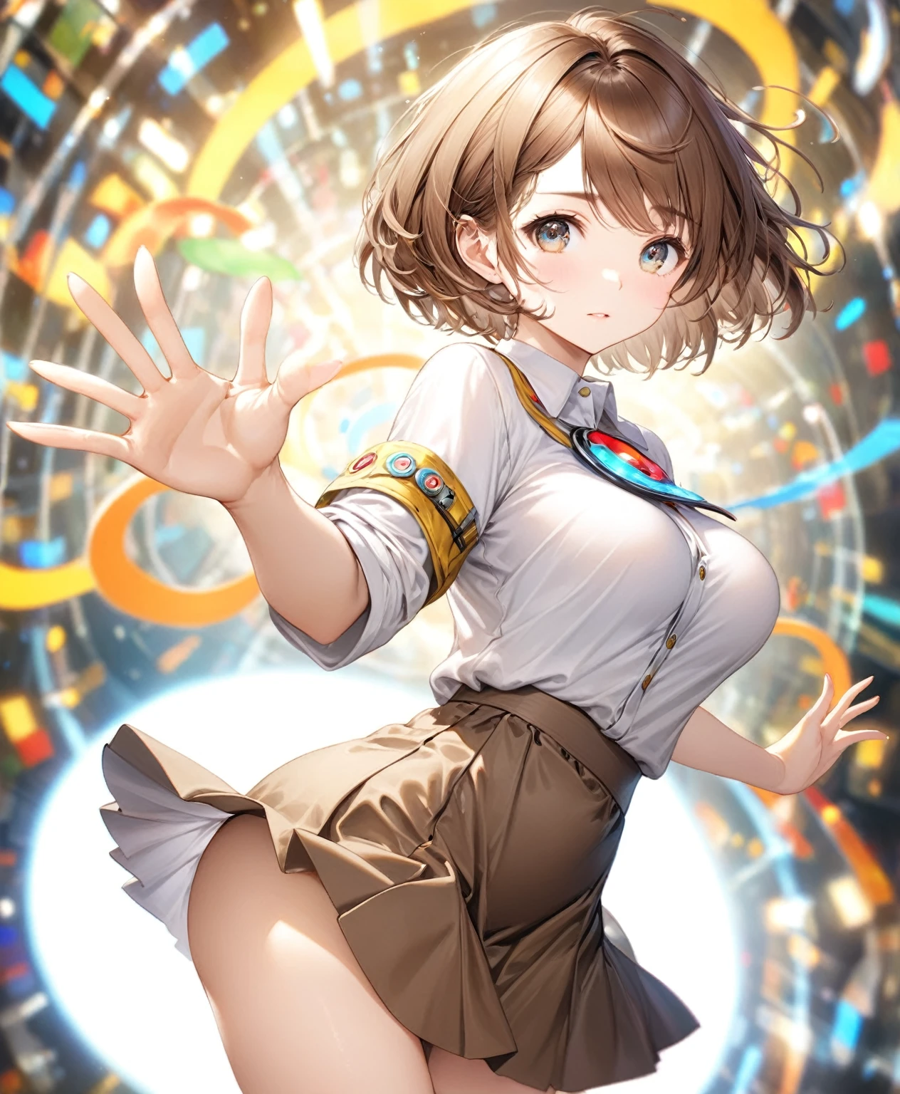 (Highest quality,8k,32K,masterpiece,Ultra-high resolution :1.2 ),born,One girl,Super cute,Natural light,Clear, shining eyes,20-year-old,Fair skin,Twister game-like electronic world fantasy background,Brown Hair,short hair,Large Breasts,mini skirt,