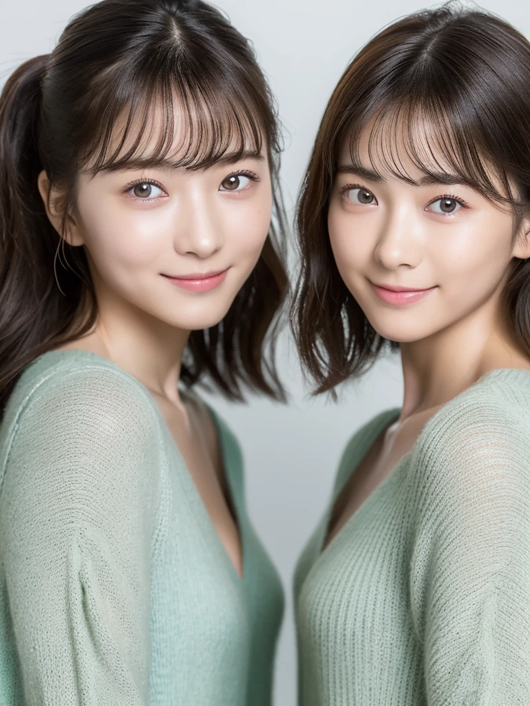 (masterpiece:1.3), (8K, Photoreal, Raw photo, best image quality: 1.4), Japanese high school girl、Similar identical twins、2 girls、(random hairstyle:1.2)、cleavage:1.2、super detail face、eye for details、double eyelid、chest to chest、sharp focus:1.2、Beautiful woman:1.4、light brown hair、highest quality、masterpiece、Super high resolution、(Photoreal:1.4)、Highly detailed and professionally lit smiles、loose and light knitwear, Two girls whose faces, figures, and standing positions are perfectly copied like the virtual image reflected in the mirror and the real image.,To her rightside there is a mirror in which she sees herself., all girls are exactly the same face