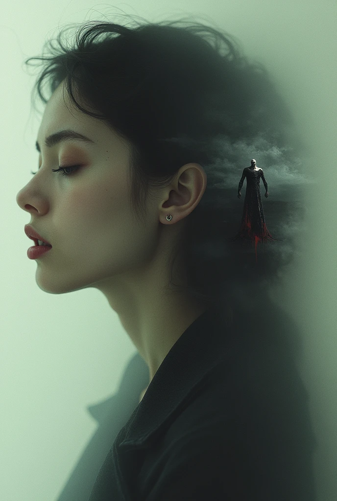 editorial photography,super detailed background,Super realistic,double exposure,depth of field,beauty super slender skinny vibes,soft focus tone,narrative scene,ink brush painting,multilayer structure,brunette,open lips,multipatterned,multiform,wabi-sabi,monster Apparition,very scary fear,full-body shot,