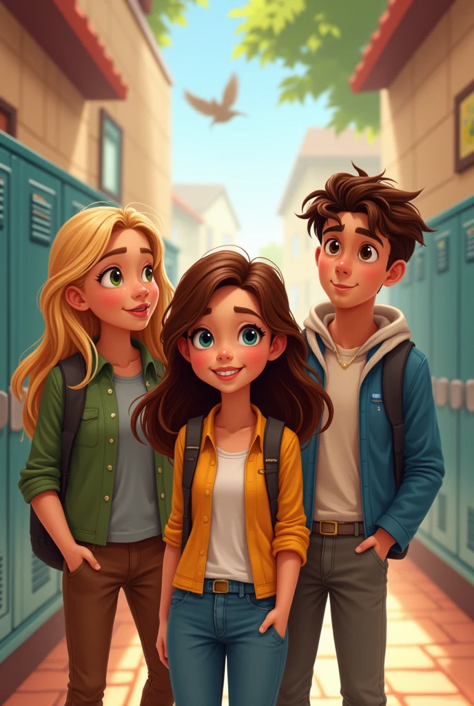 Create an image of a age girl with brown hair at school and a boy with brown hair and blue eyes on the right and another girl on the left with blonde hair and green eyes at school Disney style
