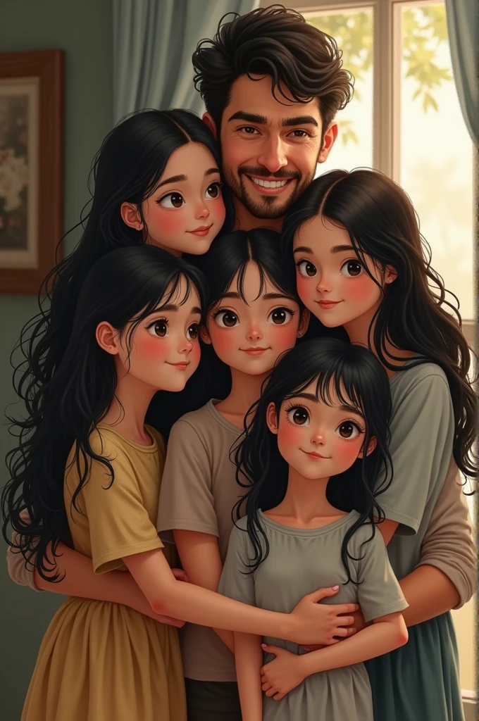 a father with his 5 dark-haired daughters
