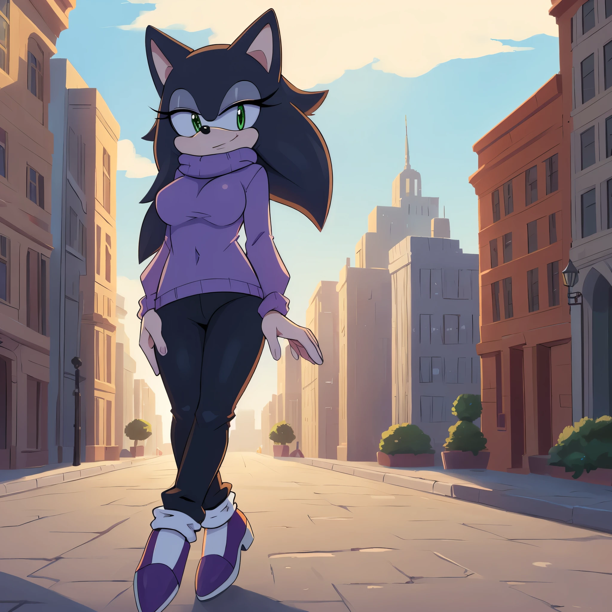 masterpiece, best quality, (tailvore), larvastd, 1girl, black pants, purple footwear, black footwear, solo, Female wolf, ((Sonic oc character)), (female Sonic character), (dark gray colored fluffy fur), (1girl), (solo), medium breasts, purple sweater, daytime, ((mobian)), mobius city,
