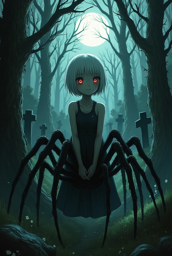 An eldritch young girl with spider legs, Junji Ito's horror aesthetics, with pale skin, very short white hair, redeyes, in a web covered dark forest, with a cemetery on the background.