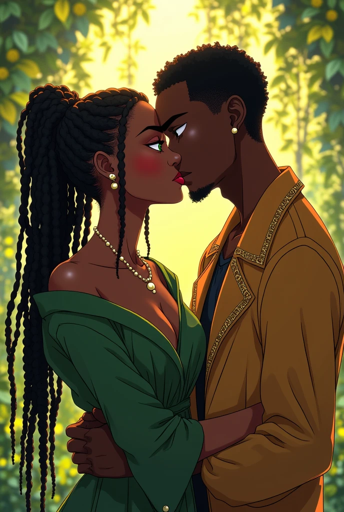 "Produce an anime-style image that celebrates love between black couples. The girl, skin black, skin black skin black, skin black, with black leather and fine African braids,long African braids, long African braids, long African braids, has charming green eyes. Your partner, dark-skinned, skin black, skin black, skin black e cabelos Dreadlocks curtos, shorts dreadlocks, has expressive white eyes. Both wear loose coats with gold details., adding a touch of sophistication. Set in a garden, the scene depicts passionate kisses between them. Convey the intensity of eternal love between these black lovers, highlighting their unique characteristics and the romantic connection they share."