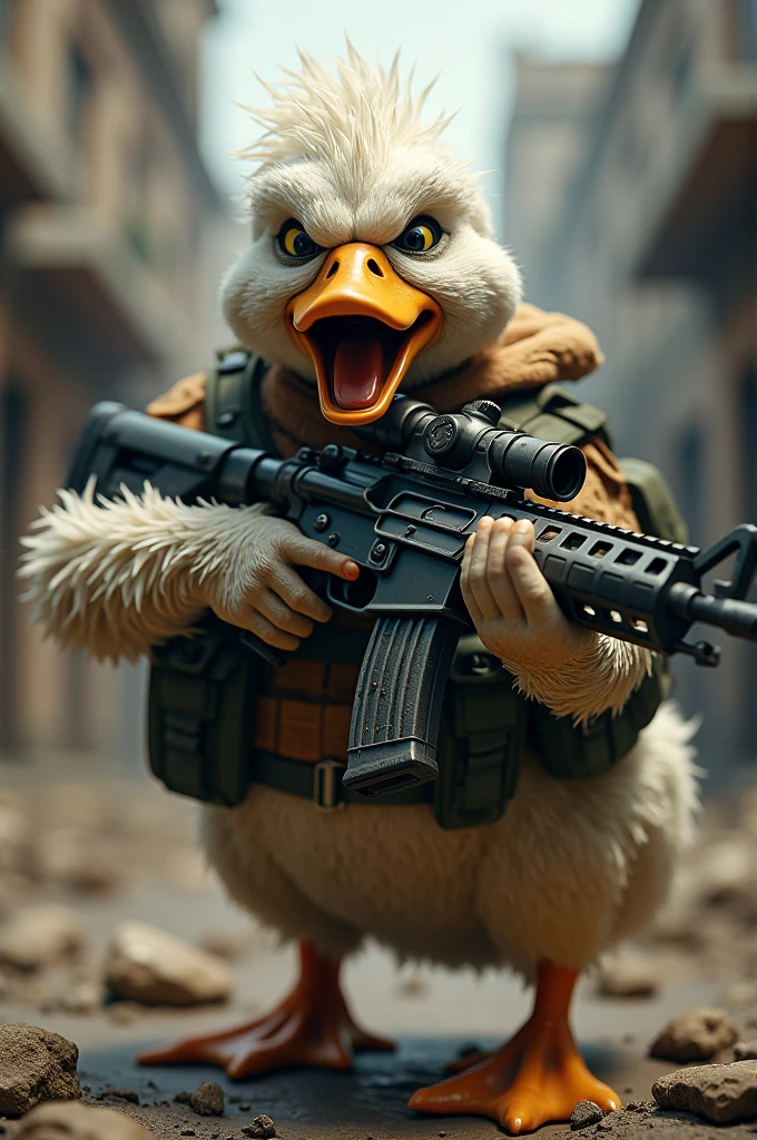 Draw a duck with a furiosos face holding a 7.62 rifle