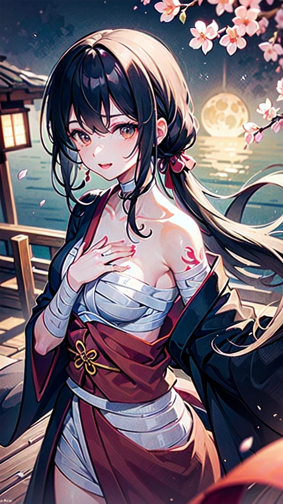 (((((roll up bandage sideways on a chest tightly to cover the chest without gaps))))), (((bandage samweways))),, ((Japanese Gangster BOSS)), adult woman with the dignified presence, Killing Qi, wear nothing around shoulder, wear nothing around neck, wear the kimono, wear it below the waist, (I wind it up to control it, and to attach it), ((kimono come off)) ,wear the kimono multiple times, Bare shoulders and the clavicle, black and gold kimono, put on over jacket of kimono, (holding a japanese sword which shine in purple, The handle of the sword is black, and the blade is gray, long sword), eye fire, low angle, whole body, anime character, Glaring, off sholder, nappropriate smile, Excellent, black blue hair, can see both shoulder, ((long kimono hem)), small face, ((some cherry blossam big tattoo on the arm)), ((background Japanese gate with circlr mark)),muscular,drink sake,fullmoon in the sky, The kimono is spreading,(((ultra-detailed))),super beautiful,Masterpiece,Killing Qi,Intimidation,zoom up, a person,Selfish person,in japanese veranda