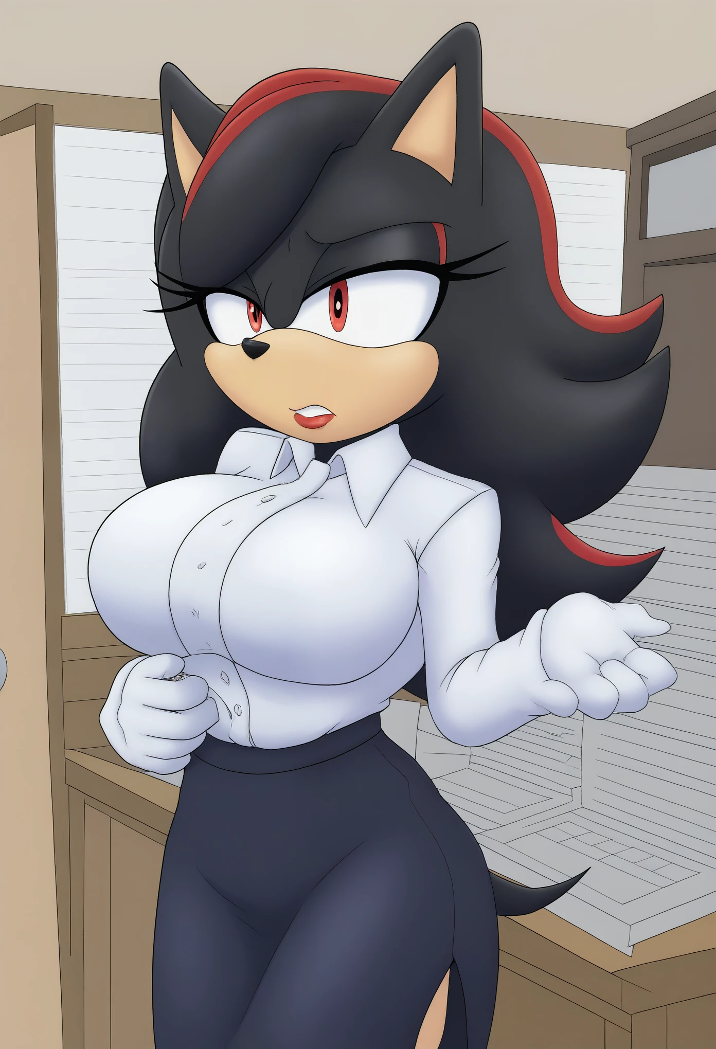(1girl), (solo), Female Hedgehog, Shadow the Hedgehog, Shadow but female, black fur, long quills/hair, 3 large hair bangs, red eyes, large bust, milf, (dressed as a secretary), makeup, lipstick, eyelashes, puzzled expression, office, daytime, mobian, mobius city