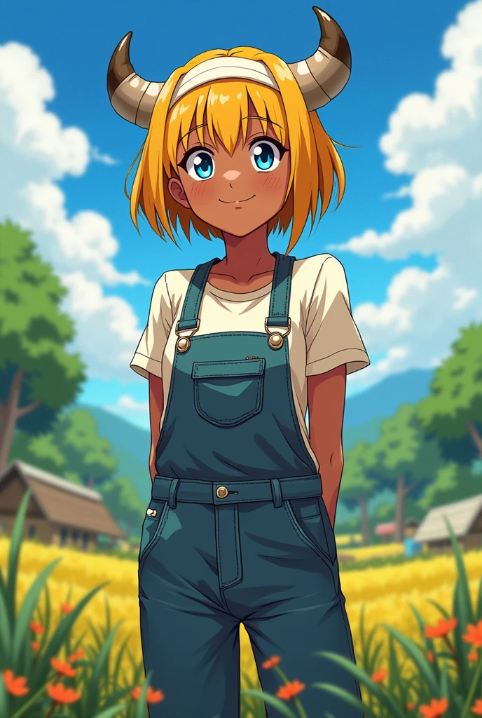 anime style girl, Dark skin, bull horns, short yellow hair, fringe, white headband, blue eyes, farmer clothes, smiling, working in the field, Whole body, hands behind the back, straight hair
