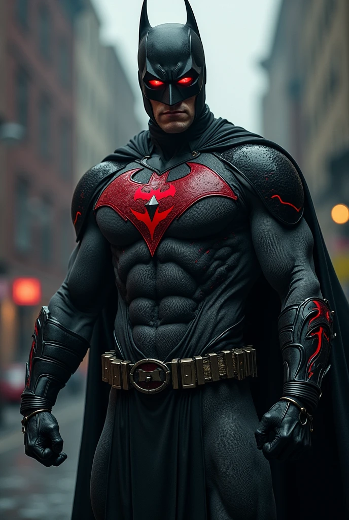 Create a male superhero, with magical bracelets capable of creating firearms, with black and gray details and red eyes, with a frightening mask that covers the entire face, no horns and symbol on his chest,

THAT DOESN&#39;T LOOK LIKE BATMAN