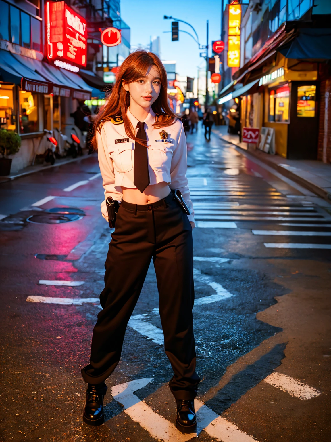 (1 lady), (Best quality at best:1.4), (ultra - detailed), (extremely detailed CG unified 16k), A Beautiful Woman with Perfect Figure: 1.4, Sharp Focus: 1.2, very detailed, High-definition RAW color photo, professional photoshooting, amazing face and eyes, cosmetics, (amazingly beautiful girl), ((asuka)), NOT Dasha Taran, ((police uniform, whole body police uniform, long sleeves blue navy shirt, police uniform blue navy pants)), standing, sexyposture,(Dark and stylish urban landscape, city lights, city lights:1.3), (look from down), realistic cinematic face, head to feet long wide zoomed out view, full body long view, photorealistic, ((realistic natural orange redhair style, blue eyes, long hair)), gorgeous, extremely beautiful face, perfect model beauty, pout mouth, Highly Detailed Face and Skin Texture, Detailed Eyes, Double Eyelids, Medium Breasts, Smile, cleavages, western, (masterpiece), best quality, high resolution, extremely detailed, blurred background, depth of field, cinematic lighting, amazing legs, combat boots, clear and well-cared skin, (((woman occupies most of the picture))), (photorealistic colors, photography colors)