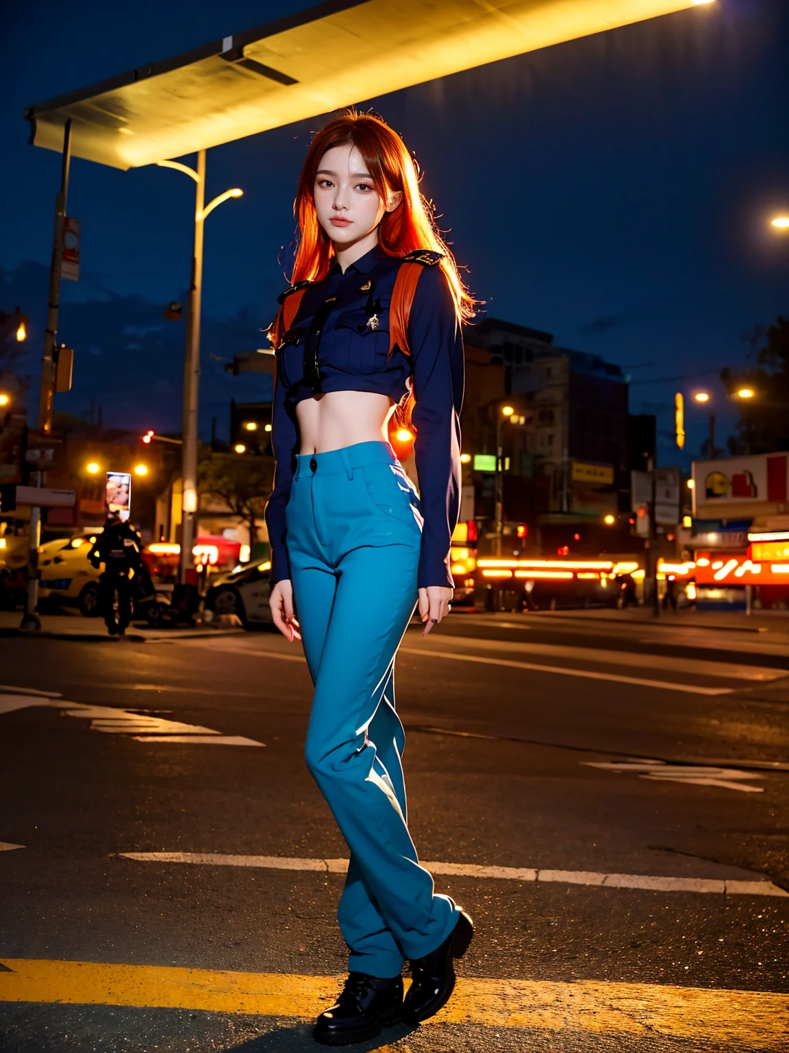 (1 lady), (Best quality at best:1.4), (ultra - detailed), (extremely detailed CG unified 16k), A Beautiful Woman with Perfect Figure: 1.4, Sharp Focus: 1.2, very detailed, High-definition RAW color photo, professional photoshooting, amazing face and eyes, cosmetics, (amazingly beautiful girl), ((asuka)), NOT Dasha Taran, ((police uniform, whole body police uniform, long sleeves blue navy shirt, police uniform blue navy pants)), standing, sexyposture,(Dark and stylish urban landscape, city lights, city lights:1.3), (look from down), realistic cinematic face, head to feet long wide zoomed out view, full body long view, photorealistic, ((realistic natural orange redhair style, blue eyes, long hair)), gorgeous, extremely beautiful face, perfect model beauty, pout mouth, Highly Detailed Face and Skin Texture, Detailed Eyes, Double Eyelids, Medium Breasts, Smile, cleavages, western, (masterpiece), best quality, high resolution, extremely detailed, blurred background, depth of field, cinematic lighting, amazing legs, combat boots, clear and well-cared skin, (((woman occupies most of the picture))), (photorealistic colors, photography colors)