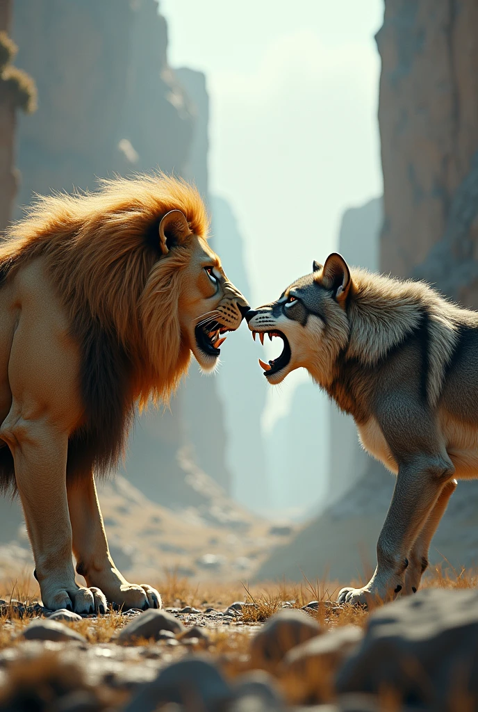 A lion and a wolf face to face