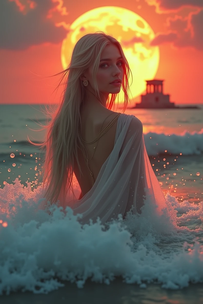 Super beautiful big bright eyes, ((high quality)), ((masterpiece)), ((realistic)), (details), Reflective luminous white: 1.5, Bright orange texture: 1.3, 1 monkey adhesive (camel toe) beautiful young woman with, A sexy photo, top to bottom, bright neon, a Mandala, Cinematic, sharp, Ray Tracing, joy, Lightness, ocean, big waves, waves with foam, goddess of the sea, very long hair merged in water, transparent robe, red clouds sunset, huge full moon, luminescent, Greek columns, ancient temple on water, dynamic movement, nake woman, mujer desnuda, full body