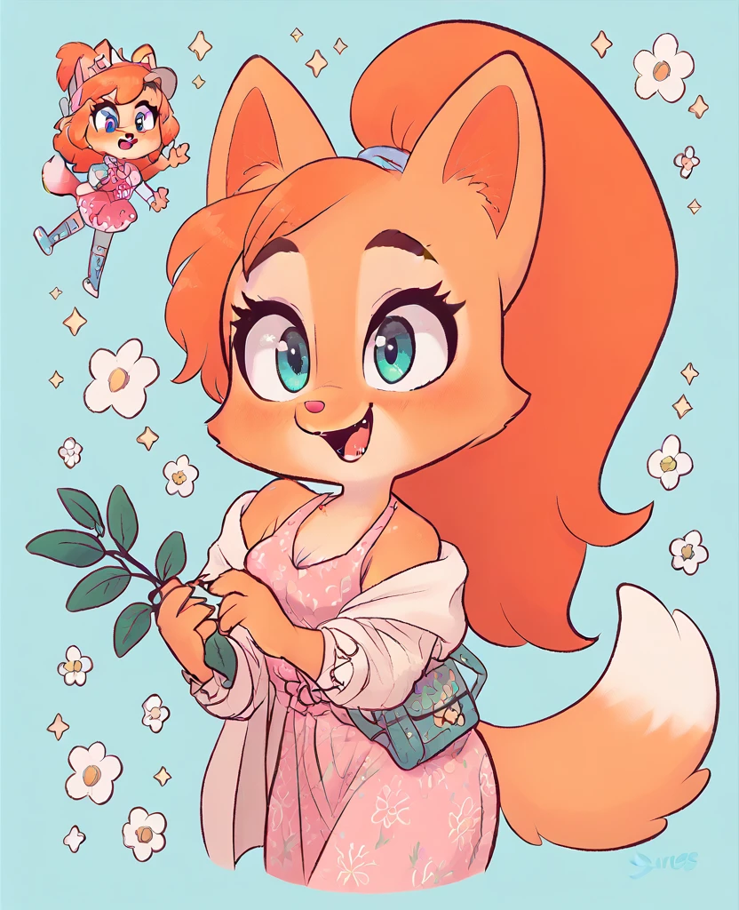 little fox, kid girl fox, little kid, ginger fur, long hair, ginger hair, blue eyes, dusty-pink nose, fox tail, fox ears, face similar of Diane Foxington, kid, cute, pink dress, tied hair, open mouth, cartoon, toon, chibi, cute girl, alone, by diives