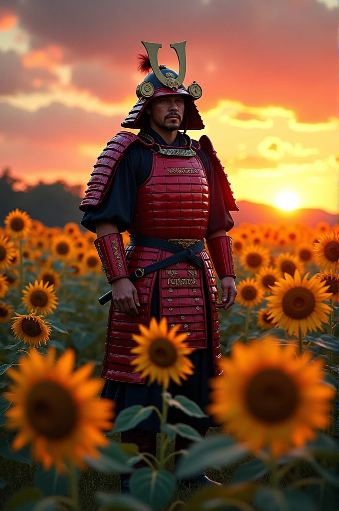 A samurai man in red samurai armor in a field of sunflowers at sunset 