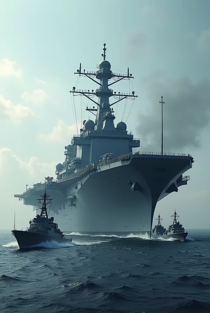 Show a Chinese warship or aircraft carrier looming over smaller Philippine vessels, symbolizing intimidation and power projection.