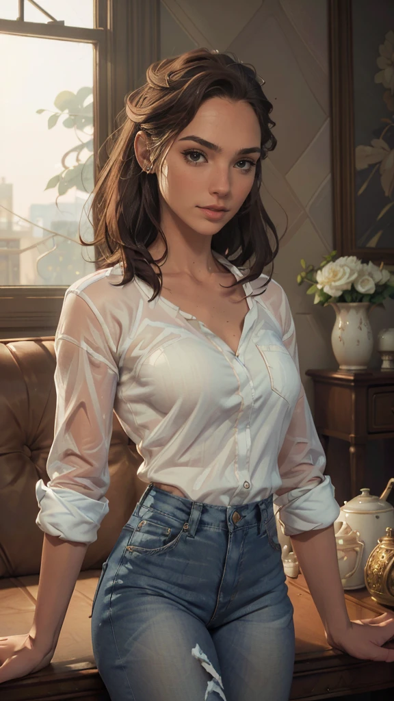 Hyperrealistic close-up photo, masterpiece, Best Quality, (photorealistic:1.4), Whole body, (white oversize bloomed shirt:1.1), (blue jeans:1.2), heels, Living room, cinematic light, beautiful woman, skinny, medium breasts , Smooth brown fur, detailed face, smile, jumping, skin texture, 35mm, 4K textures, soft cinematic light, raw photo, photorealism, photorealistic, Intricate, elegant, Very detailed, sharp focus, ((((cinematic look)))), calming tones, crazy details, Intricate details, hyperdetailed, low contrast, soft cinematic light, muted colors, Exposure Mix, HdR, despondent, intense