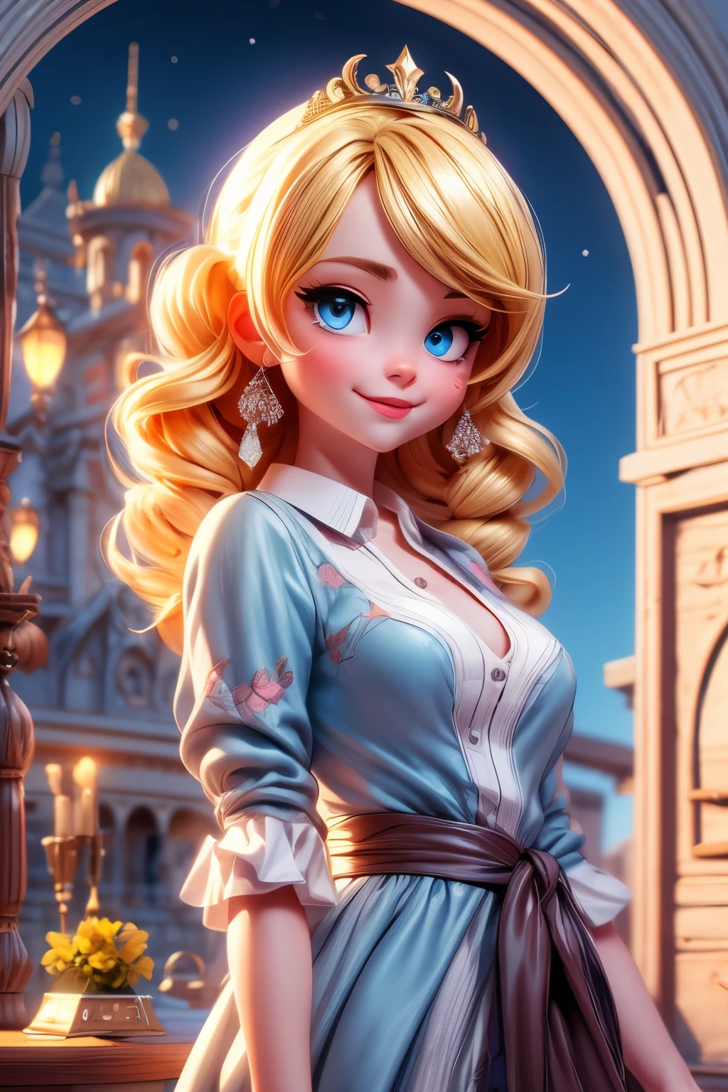 village realisticlying、Virginia Otis 15-year-old girl、City of victorian age, Europe. aristocrat girl、Looking up from below、Depiction of blonde hair blue eyes wear long sleeve sheer fabric dress、Various sexy poses、Face smile、Depicts the whole body、