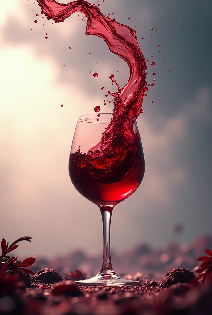 Create a promotional image when are a red wine glass and a tornado! The Wine in the glas creating a wine tornado then starting red and finish trasparent in the sky