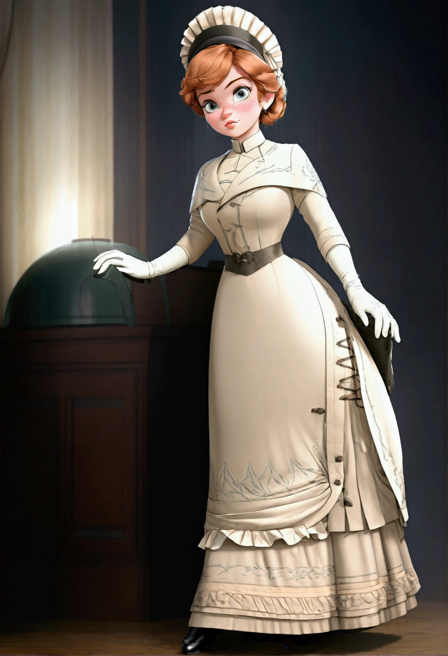 Teenage woman, ((Masterpiece, best quality)), full body view, bursting huge breasts, detailed skin, Anna from Frozen as a hot 15yo Gibson Girl socialite, stylish feminine Edwardian outfit, (((1900_dr3ss, picture hat, gloves, skirt, petticoats, silk stockings, boots))), at night, highly detailed, cinematic lighting, ultra realistic, blush, sexy pose, looking at viewer, anna, anna from movie Frozen, gorgeous face, coquettish smile, sexy pose, Gibson Girl updo.