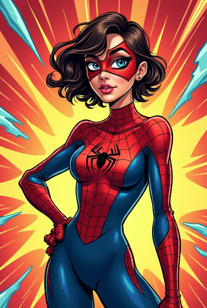 Comic Girl with short wavy hair wearing spiderman costume