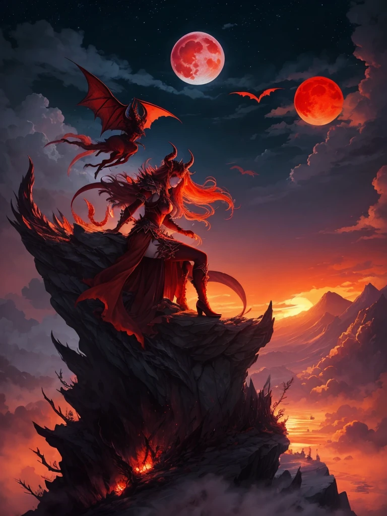  demon princess, red wings, with graceful pose on the mountain, with orange moon and clouds, night concept, made in water color style, hd quality 