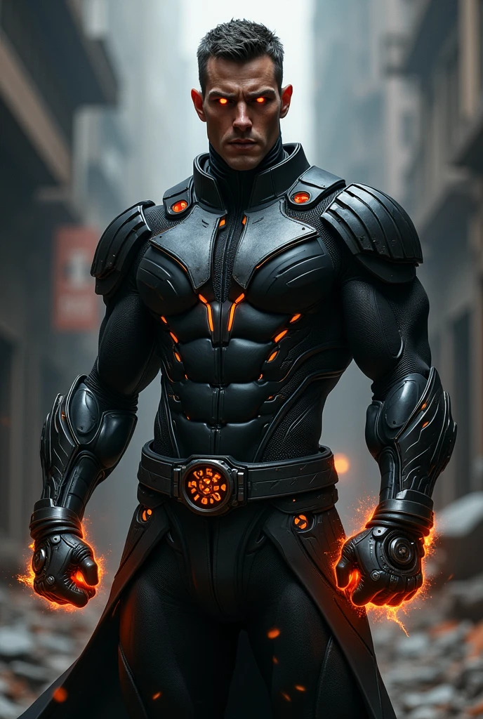 Create a male superhero, with magical bracelets capable of creating firearms, with black and gray details and red eyes.