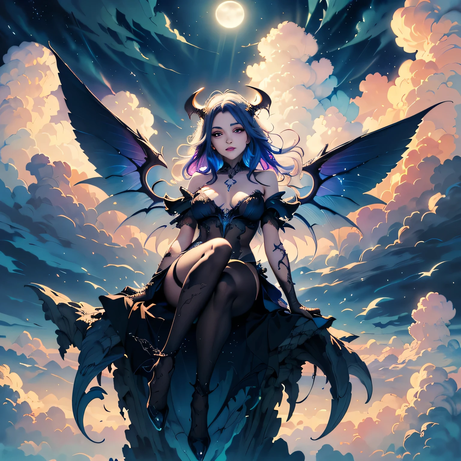 ((best quality)), ((masterpiece)), (detailed), alluring succubus, ethereal beauty, perched on a cloud, (fantasy illustration:1.3), enchanting gaze, captivating pose, delicate wings, symmetrical wings, otherworldly charm, mystical sky, (Luis Royo:1.2), (Yoshitaka Amano:1.1), moonlit night, warm colors, colorful, (detailed cloudscape:1.3), (high-resolution:1.2), (front view)