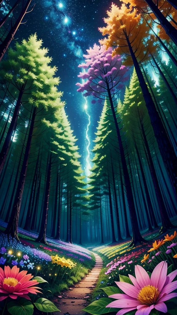 forest at night, There are many colorful flowers. There are fireflies everywhere. hyper detailed, colorful, beautiful, magical